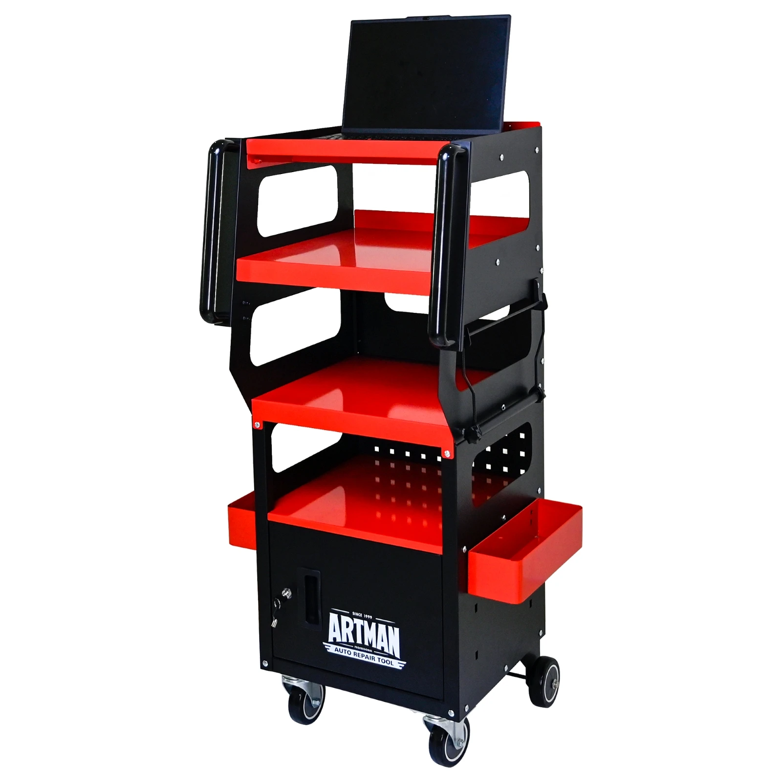 

Multipurpose Diagnostic Trolley - Black and Red，Rolling cart with lockable cabinet，360 ° Rotating Caster Wheels，Metal Backboar