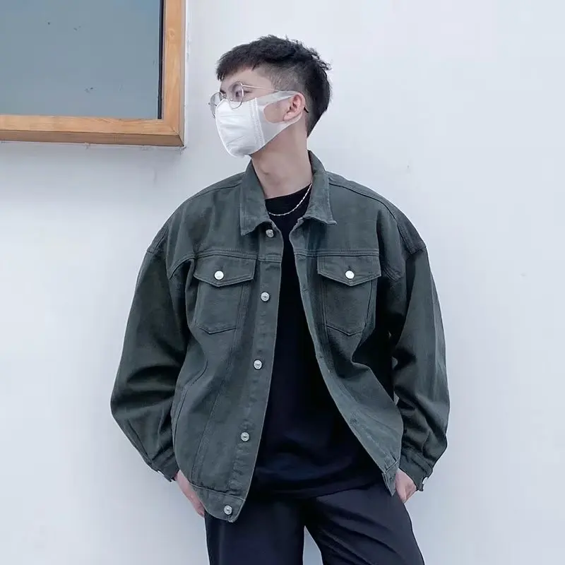 

Solid Denim Jacket Mens Youth Slim Long Sleeves Jacket Spring Autumn Casual Lapels Single Breasted Spliced Top Men Denim Coats