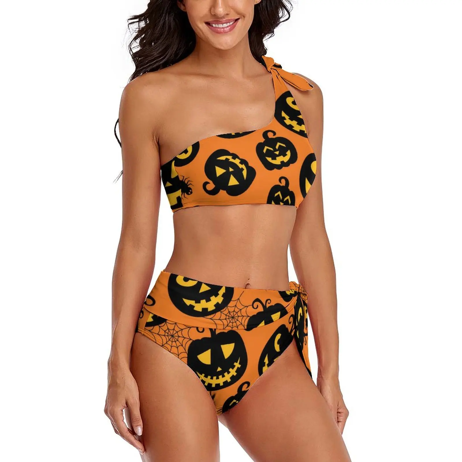 Happy Haunts Bikini Swimsuit Sexy Halloween Pumpkin High Waist Bikinis Set Women Classic Swimwear Beachwear