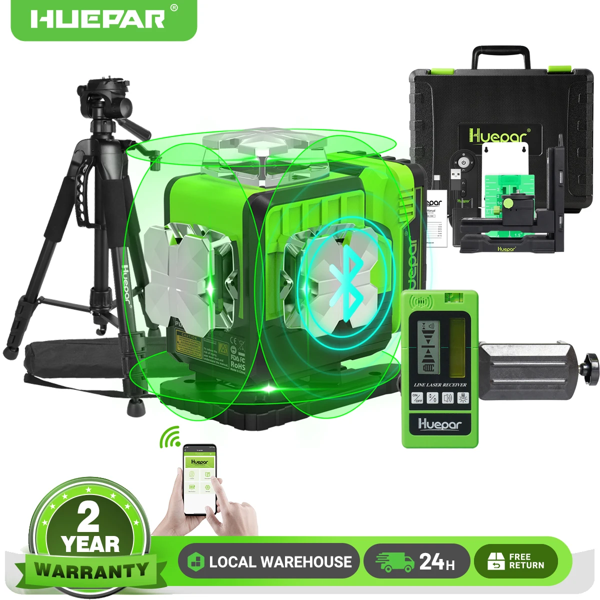 Huepar 4D 16-Line Self-Leveling Laser Level with Green Beam,Remote,Receiver/Tripod,High Precision Leveling Tool for Construction