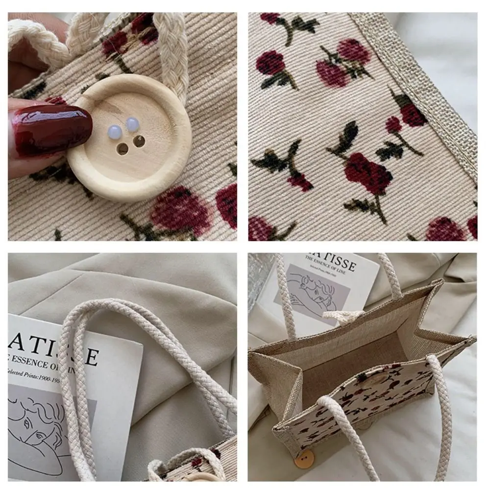 Rose Canvas Handbag Simple Reusable Linen Fabric Picnic Breakfast Bag With Button Small Tote Bag Women