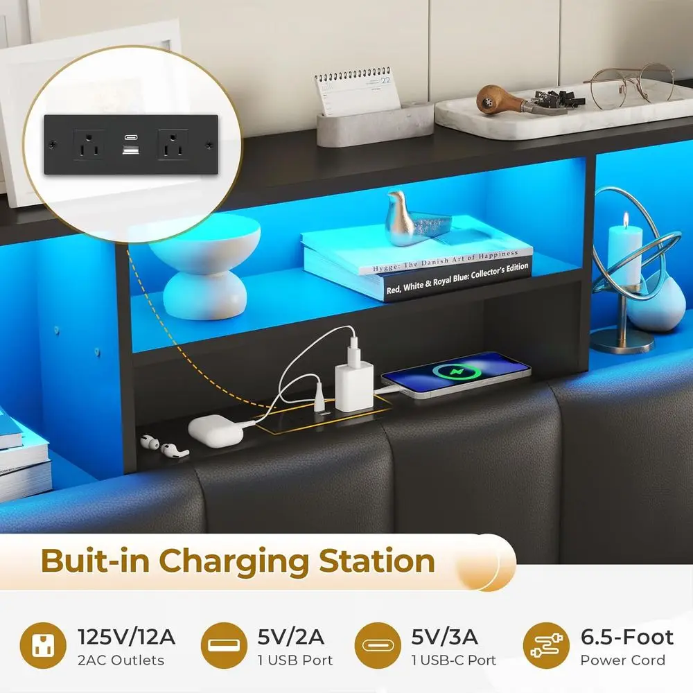 إطار سرير خشبي كوين مع لوح أمامي لخزانة الكتب، وأضواء LED، ومنافذ شحن، وأدراج تخزين، باللون الأسود #4