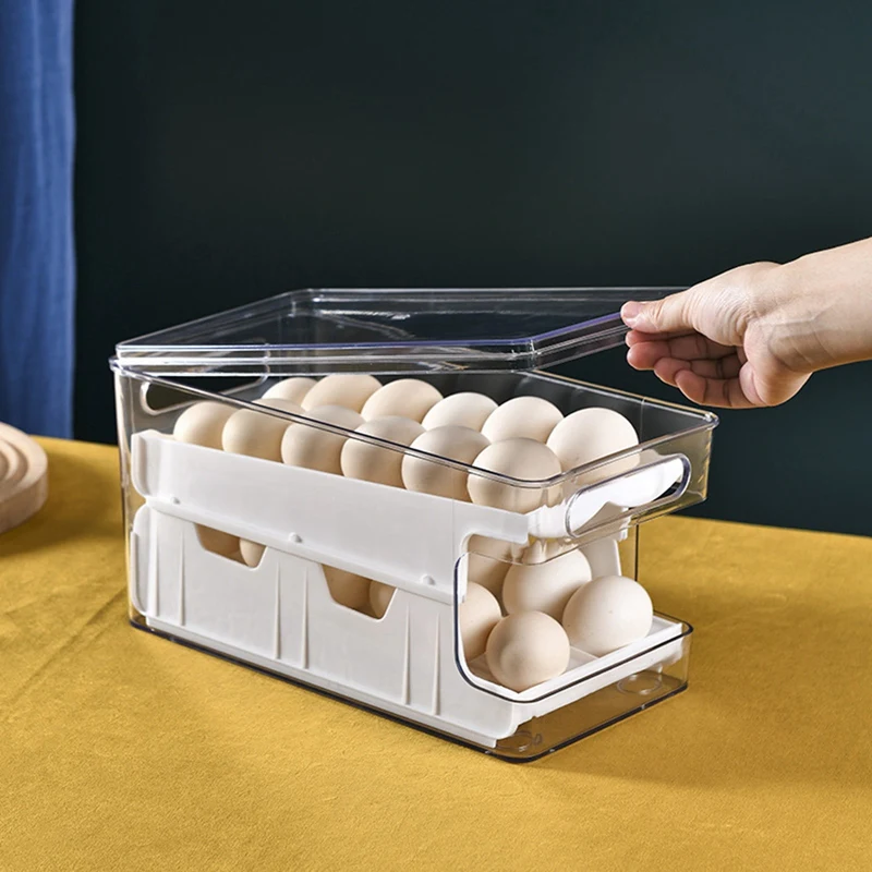 2Pcs Egg Storage Box, Double Wall Container Food Refrigerator Drawer Organizer Container