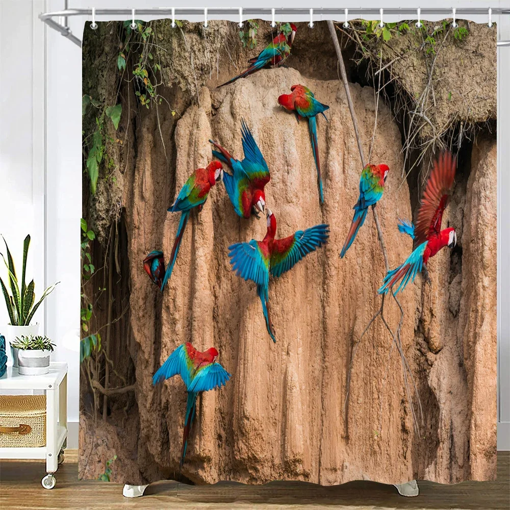 1Pcs rustic style birds printed fabric waterproof shower curtain, birds pattern bathroom decoration curtain, with hooks