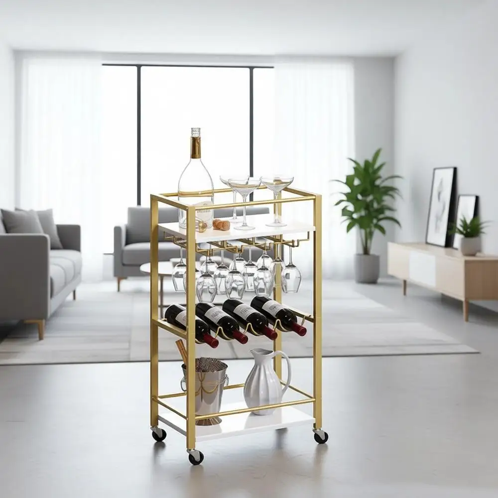 

Трехуровневая передвижная тележка для вина с местом для хранения и держателями для бокалов, для кухни, столовой, гостиной, золотисто-белая