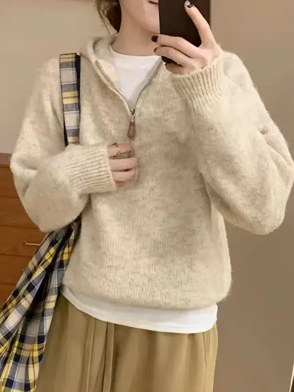 

Корейский свитер на молнии с капюшоном, джет, женский весенне-осенний ленивый мягкий уютный элитный трикотаж, шикарный топ для девочек-подростков