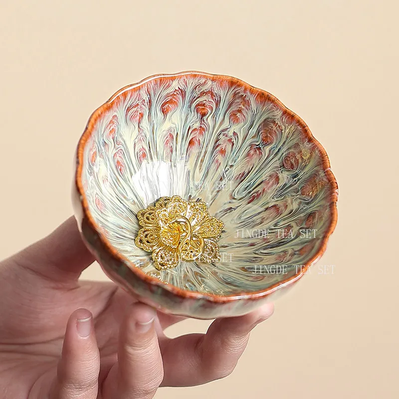 Peacock Pattern Kiln Change Teacup Inlaid Silver Gold Phoenix Ceramic Tea Cup Chinese Master Tea Bowl Home Tea Ceremony Decor