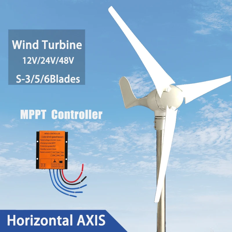 8KW Low Start Wind Turbine Generator 12v 24v 48v Windmill Speed Free Alternative Energy 3/5/6 Blades With MPPT Hybrid Controller