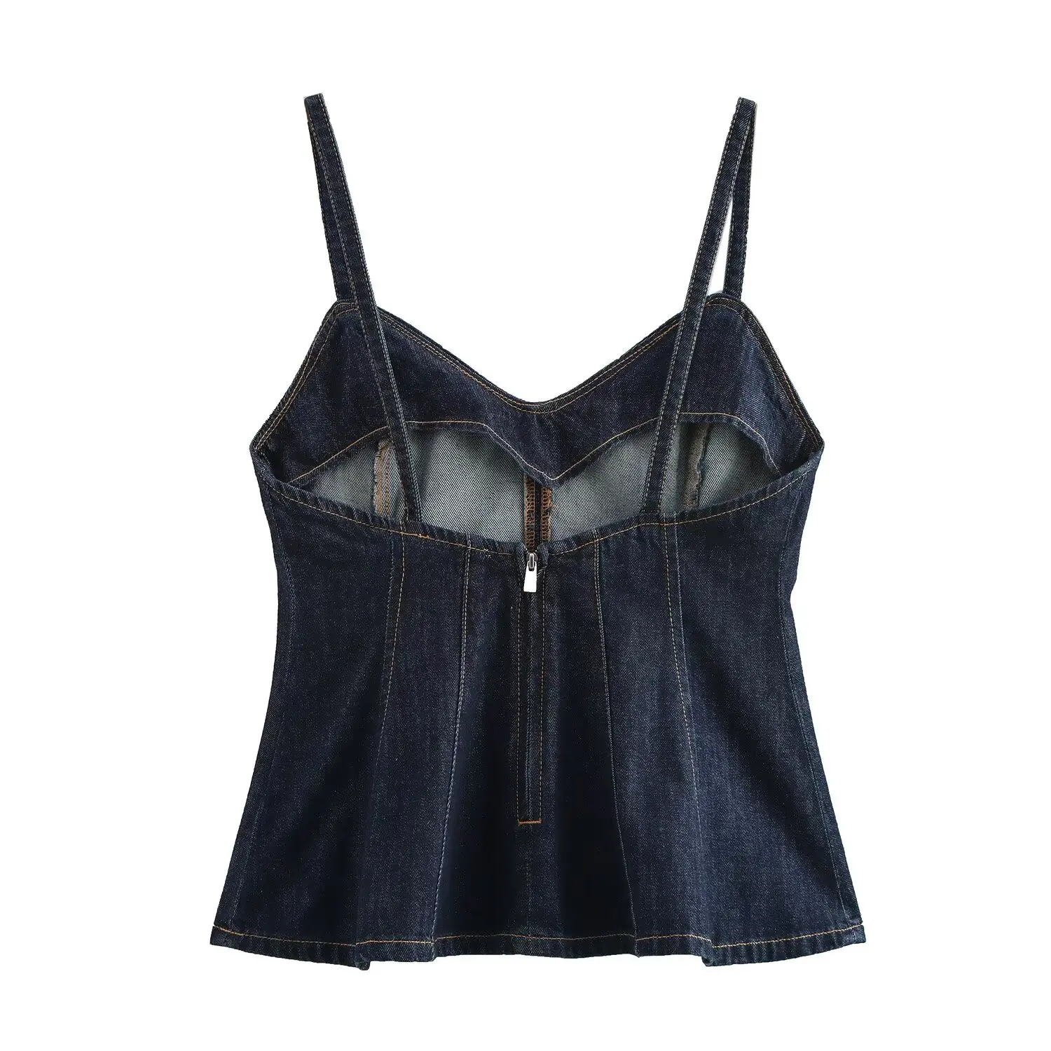 Women's Loose Fit V-Neck Denim Top with Narrow Strap And Wide Hemline European Style Polyester Fiber Summer Season Single Piece
