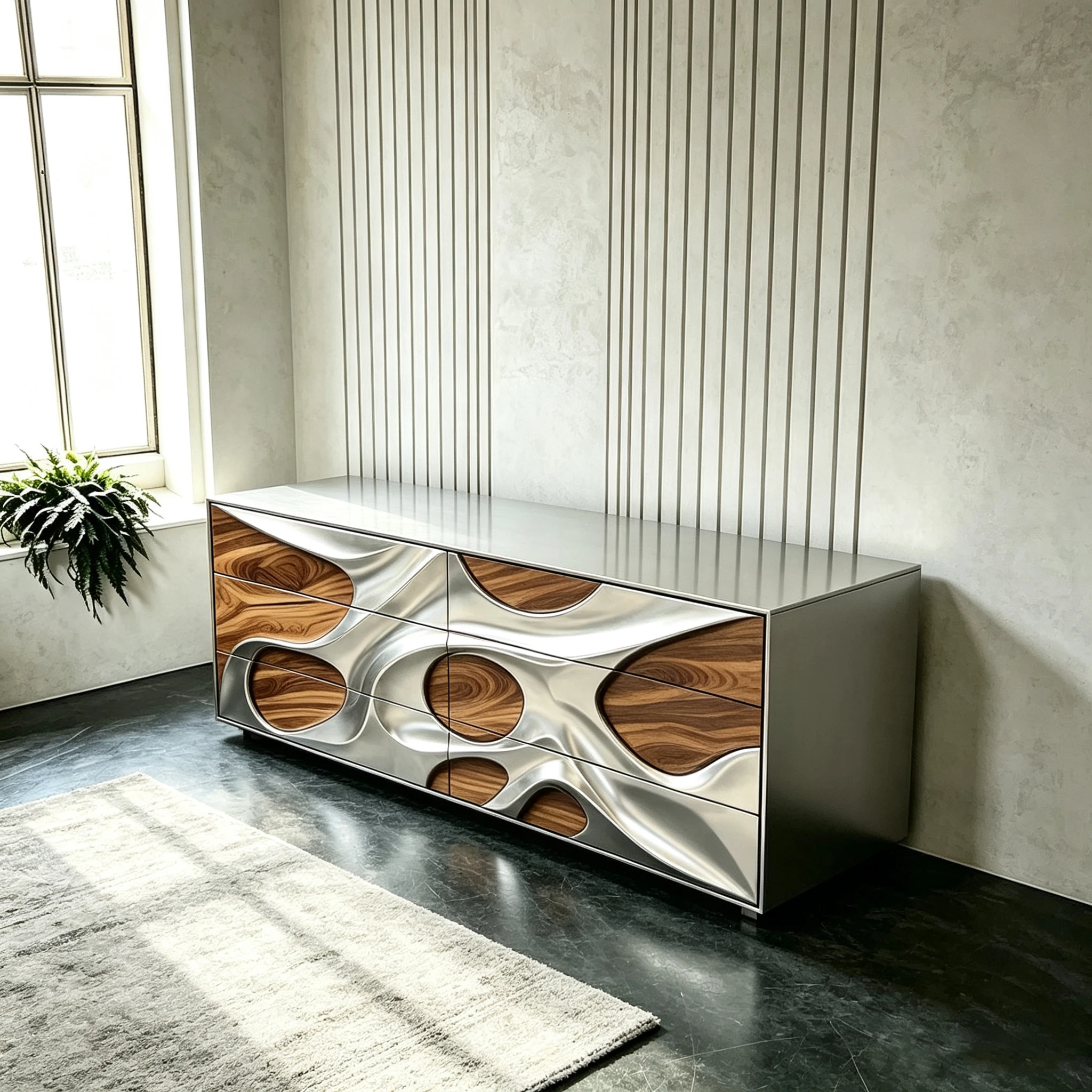 M*-Metallic Wavy Panel Chest of Drawers Irregular Hollow Grain Decor Storage Dresser Cabinet for Hotel Interior Decor