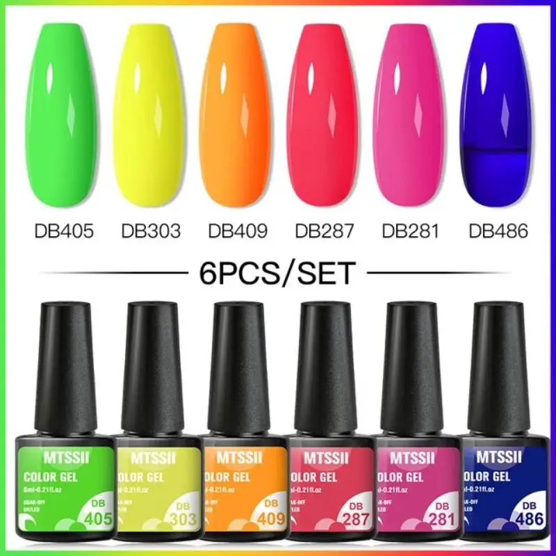 Mtssii 6 Stuks Gel Nagellak Set Neon Heldere Glitter Kleur Serie Gel Vernis Semi Permanente Basis Top Coat Uv Led Nail Art Gel