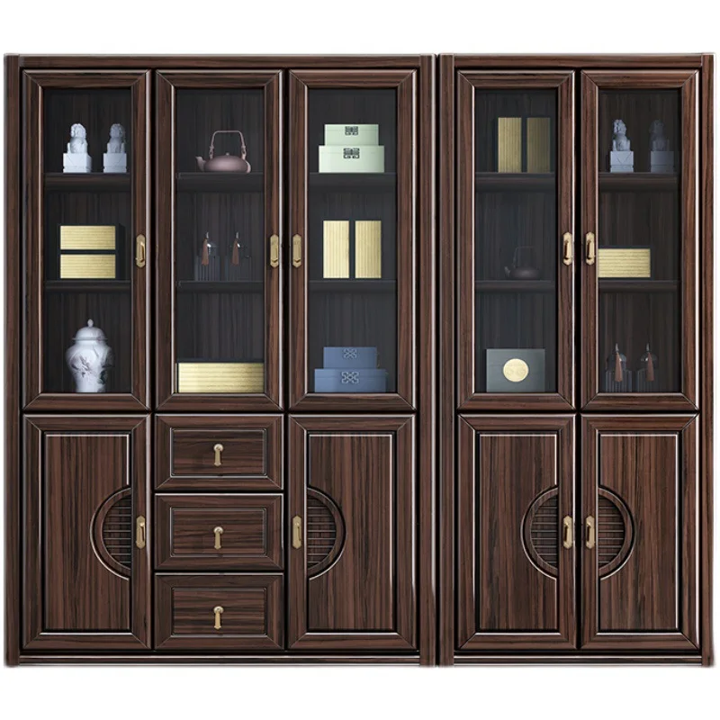 New Chinese style full solid wood bookcase with glass door, living room storage cabinet, integrated bookcase against the wall