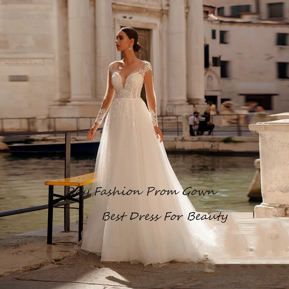 

Ray Fashion A Line Evening Dress Tulle Illusion V Neck With Long Sleeves Lace Applique For Women Bride Gowns Vestido de novia