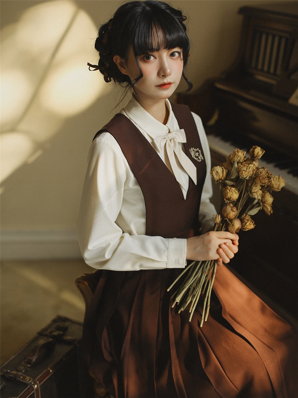 Female Chocolate Brown Short Blazer Suit Women's Sleeveless Pinafore Dress Students JK Long Pleated Dress Autumn School Uniform