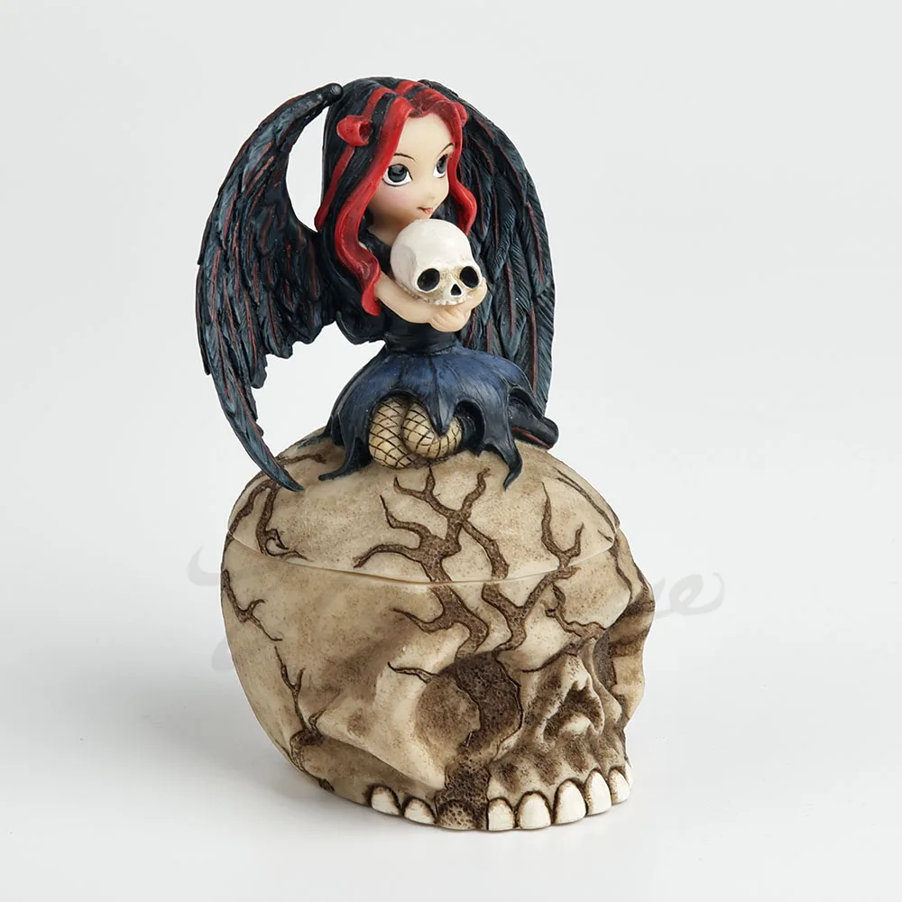 Gothic Dark Angel Resin Jewelry Box Winged Fairy Figurine Holding Skull Skull‑Shaped Trinket Storage Box Halloween Desktop Decor