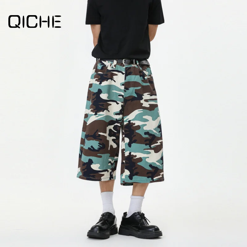 QICHE 2026 Men Retro Apricot Camo 7‑Length Denim Pants Wide Leg Straight Loose Casual All‑Match Daily Trousers