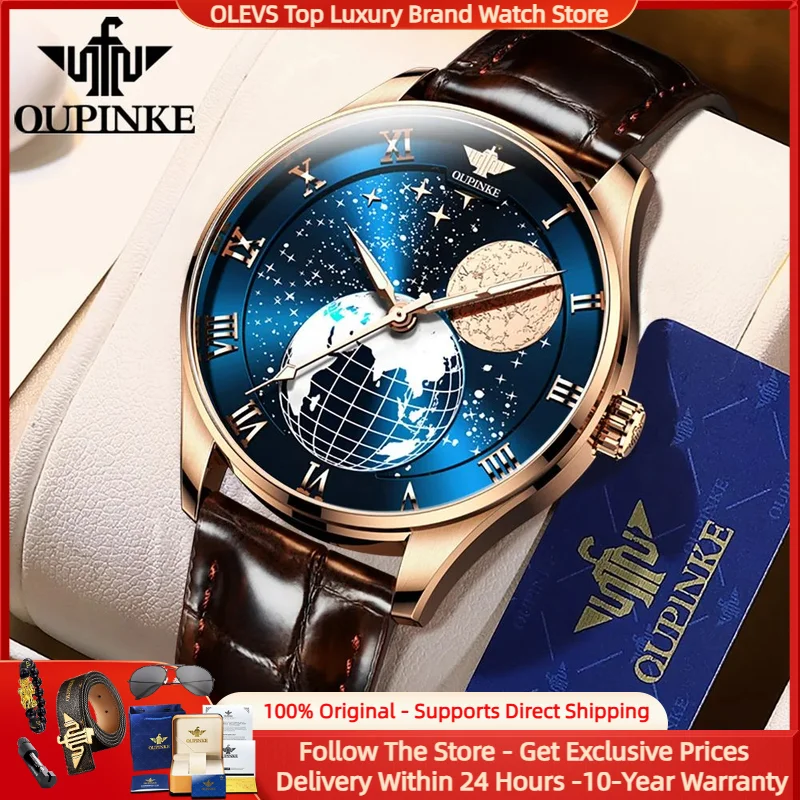 

OUPINKE 3177 High end Mechanical Men's Watches Starry Sky Dial Japan Automatic Movement Sapphire Mirror Roman Scale Man Clock