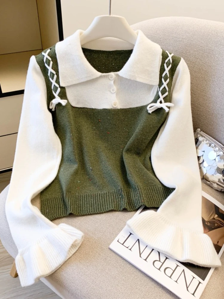 

Осенний новый корейский милый вязаный топ для женщин 2025 Нежный стиль Искусственный комплект из 2 предметов Рубашка с длинными рукавами и галстуком Жилет Дизайн Пуловер