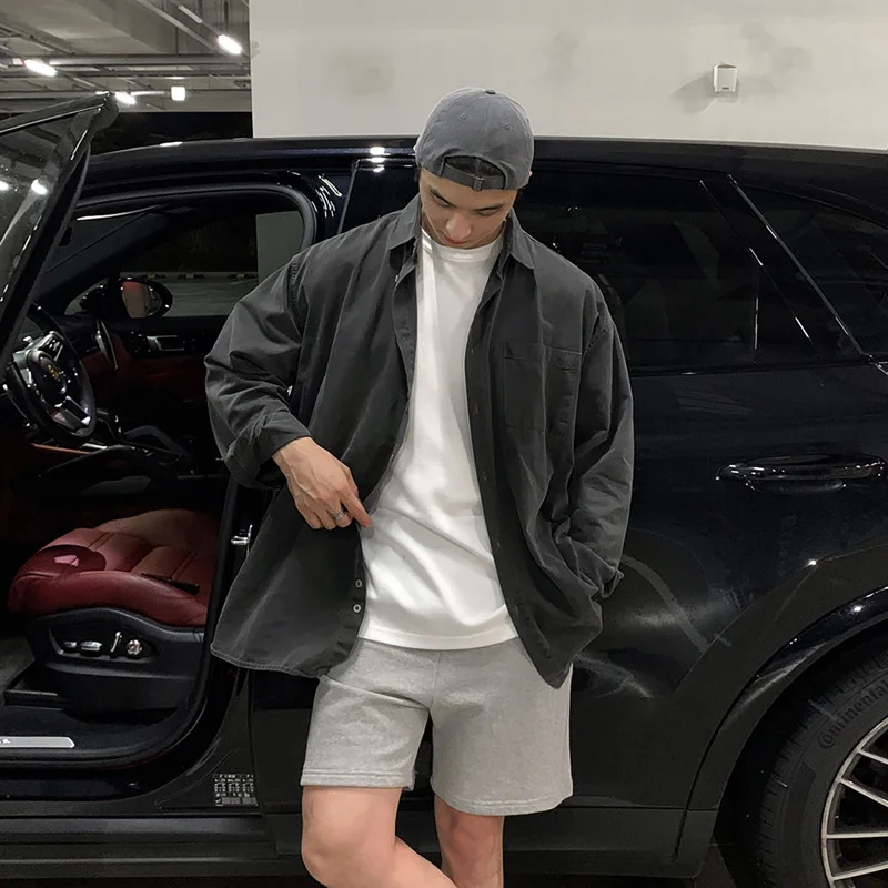 

Korean Style Men's Grey Solid Color Loose Simple Basic Long Sleeve Turn-down Collar Shirts Male 2026 New Fashion Top Clothes