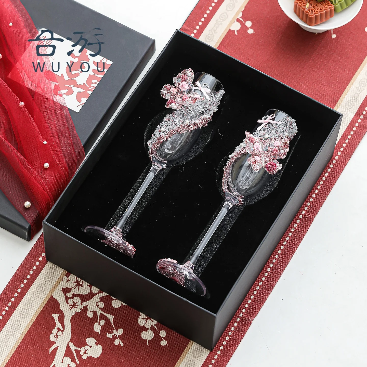 

Wedding Rose Gold Champagne Glasses Pair Luxury Sensation Wedding Celebration Gift Box Set Chinese Style Handmade Glass Cups