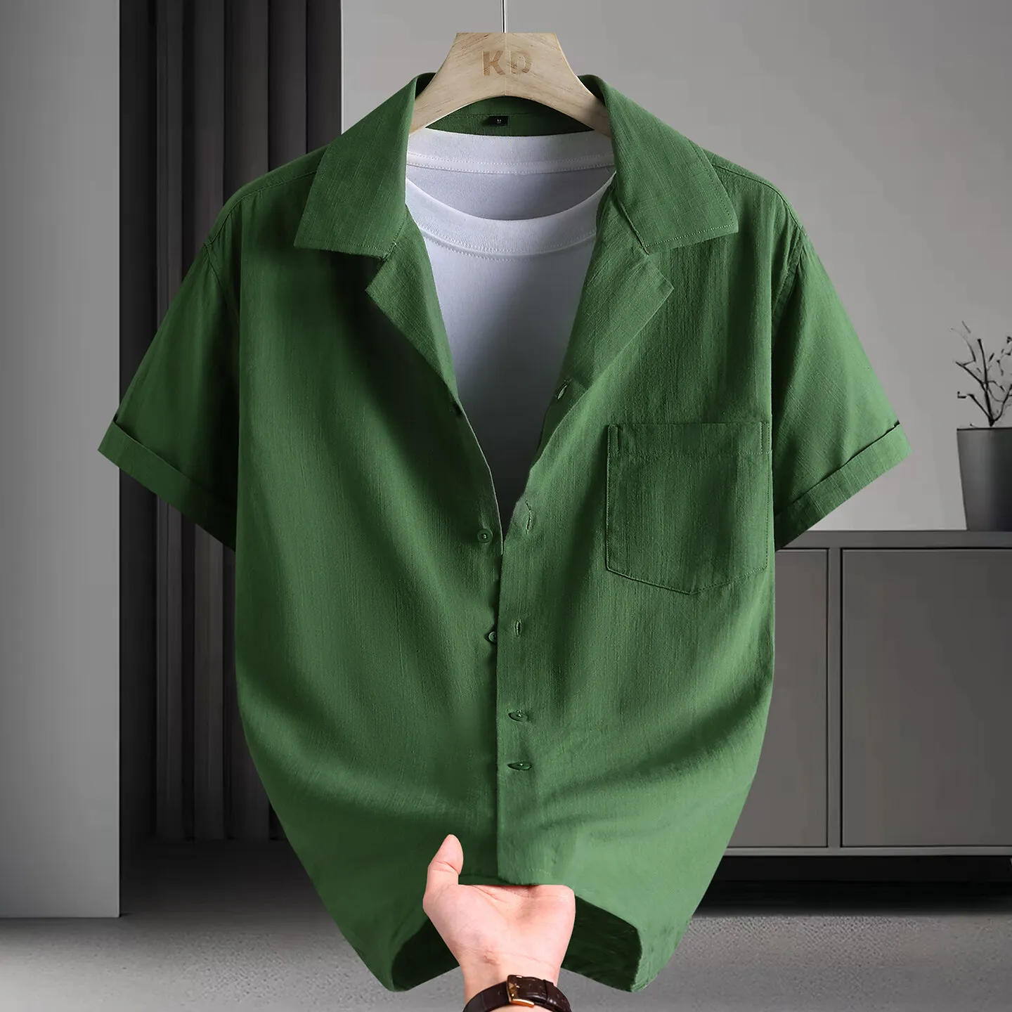 

2025 summer new men's high-quality solid color short sleeved shirt, simple and casual men's single piece shirt top