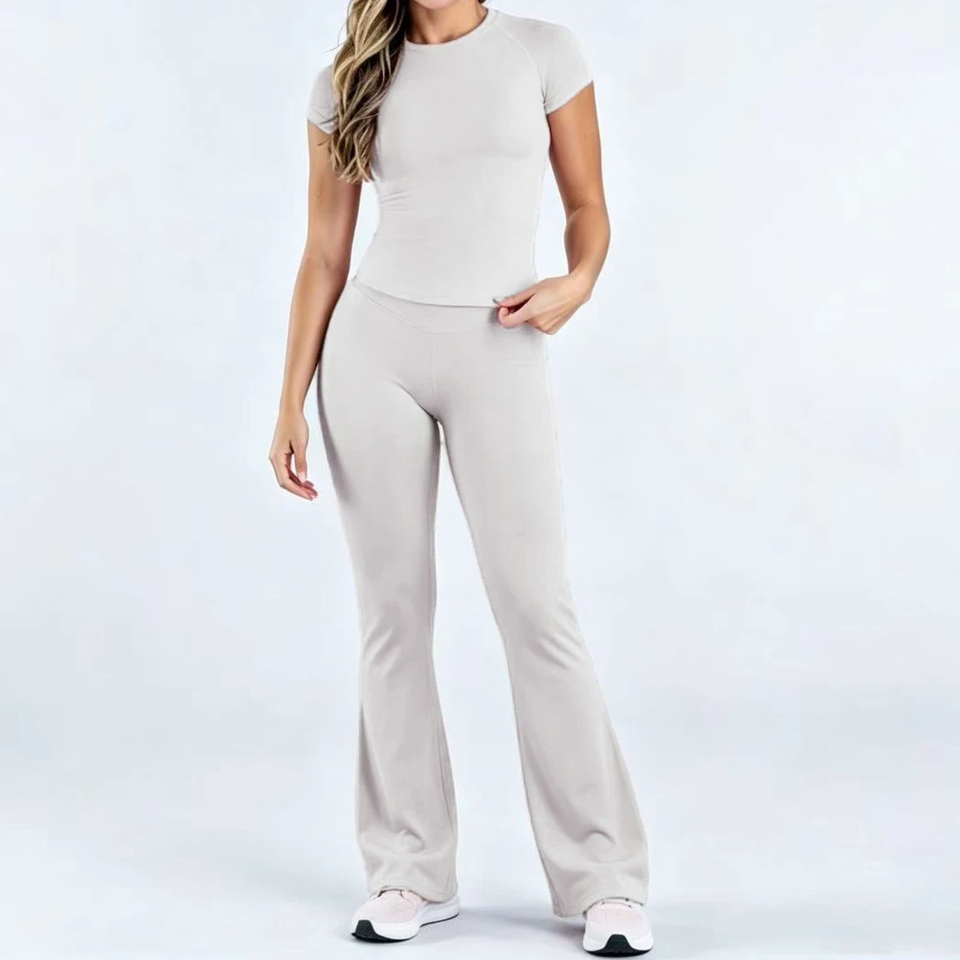 2-teiliger Sportanzug, kurzärmeliges, nahtloses Yoga-Oberteil, Damen-Fitness-Trainingshose mit Schlaghose, Gym-Set, Sporthose – Detail 12