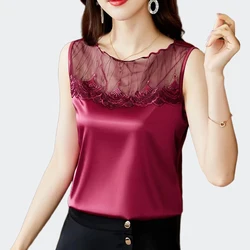 Fashion Korean Crop Basic Tops Women Sexy Sleeveless Lace Hollow Out Camisole Vest Women Casual Satin Tank Tops Woman Clothing