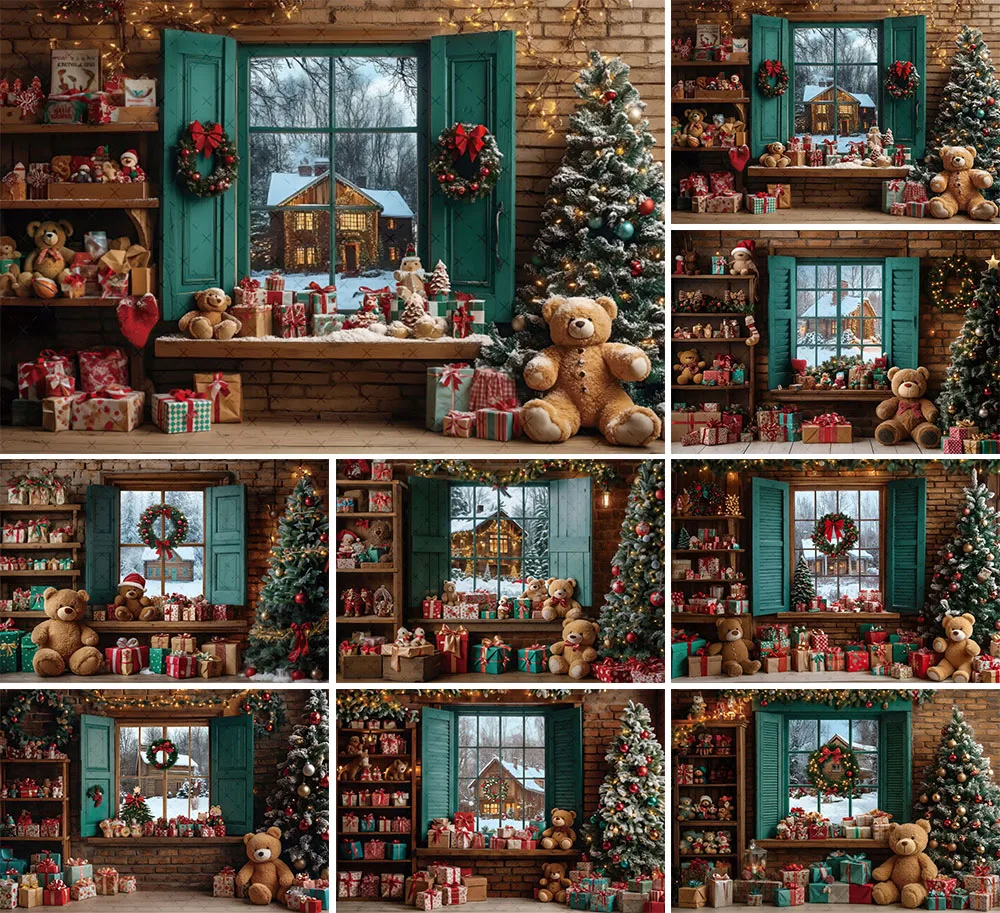 

Mehofond Photography Background Winter Christmas Room Gift Bear Window Xmas Tree Kids Family Portrait Decor Backdrop Photo Studi