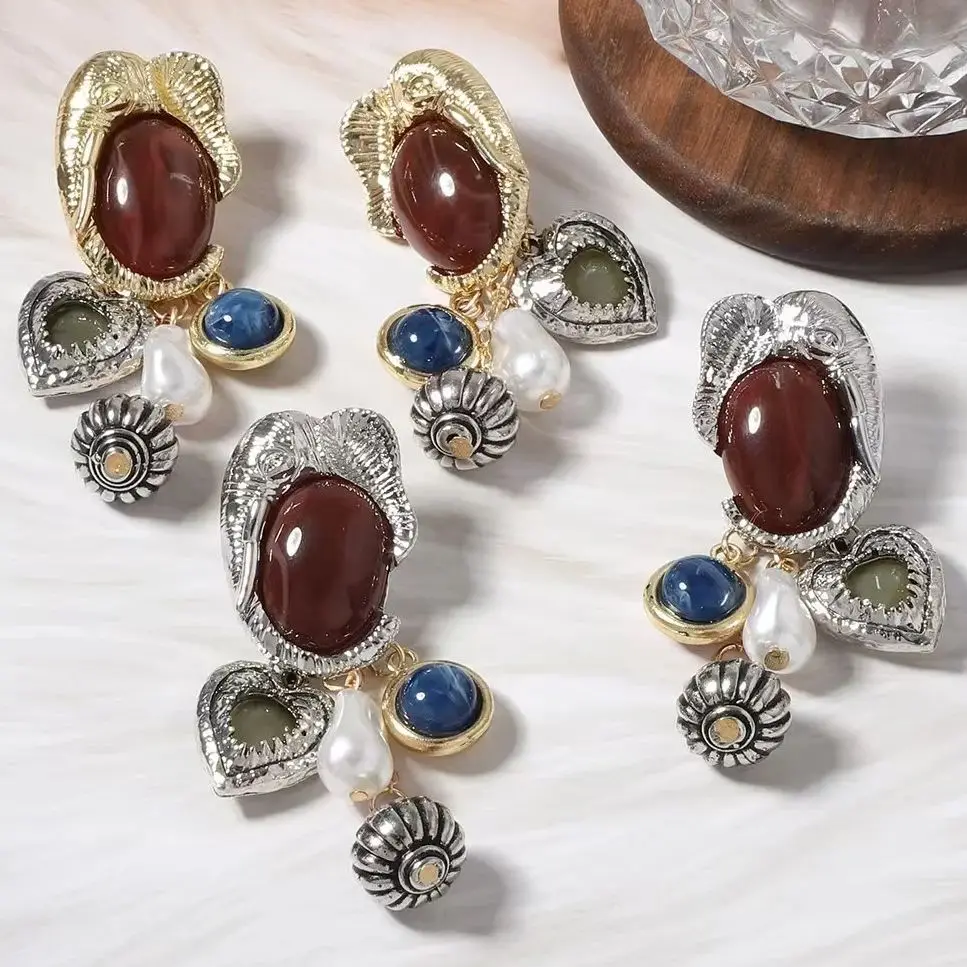 Zvoijio Retro Imitation Pearl Round Geometric Tassel Pendant Earrings