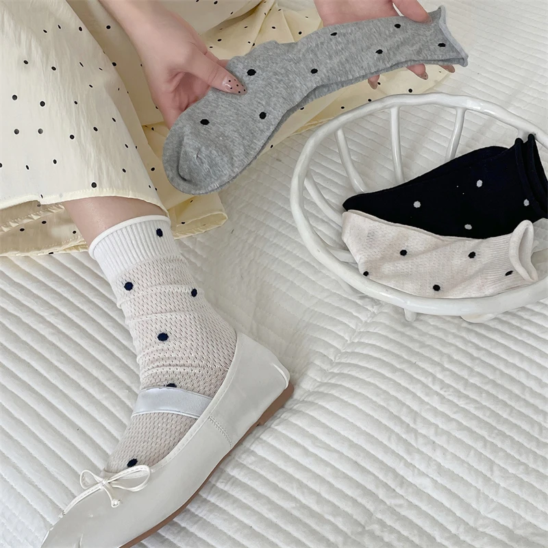 

Socks For Women Summer New Novelties Dots Cute Thin Socks Breathable Retro Hollow Out Fashion Ladies Crew Socks Japanese Style