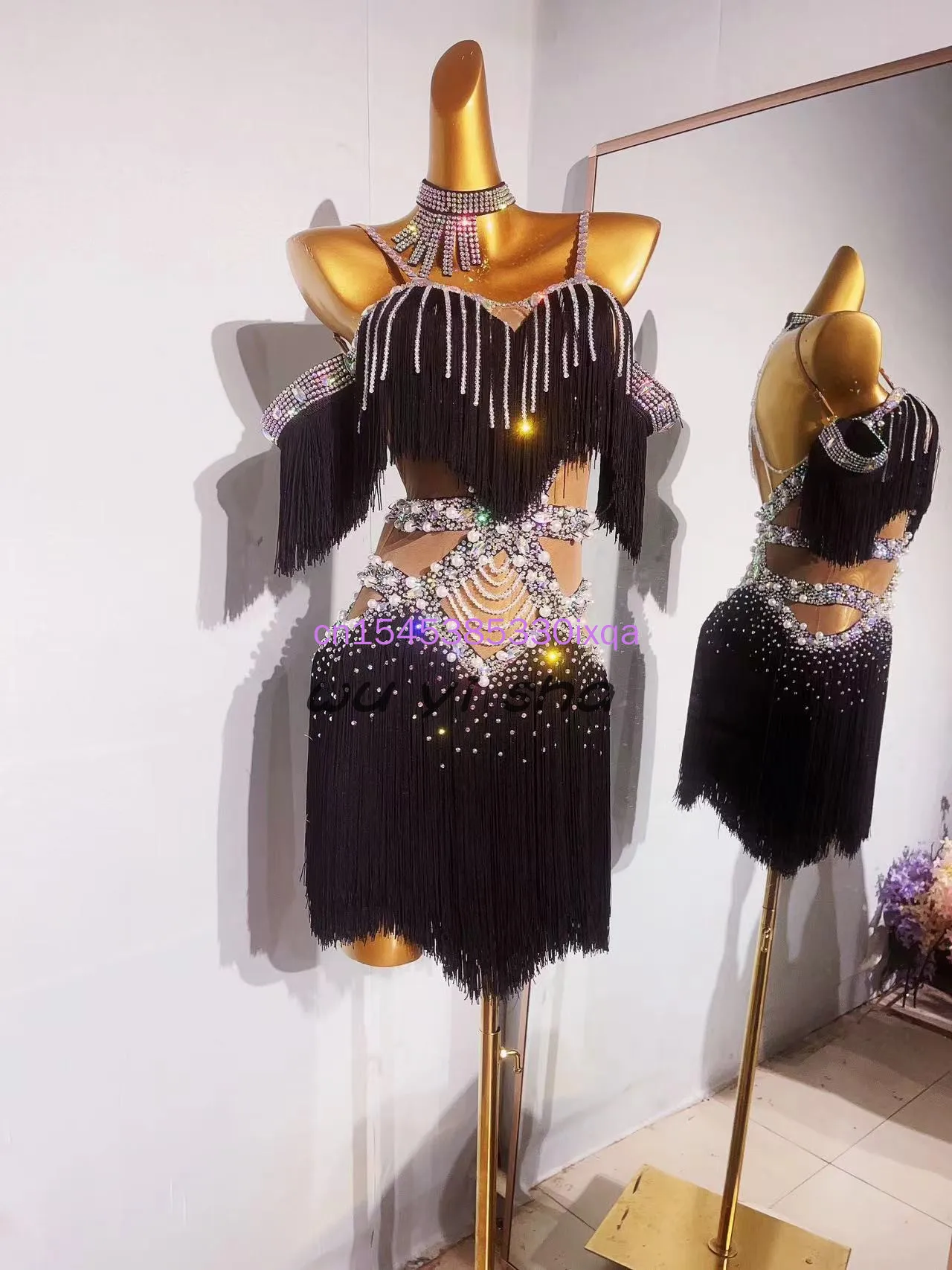 Concorso di danza latina Abito da piscina nero di fascia alta con diamanti personalizzati con giunture di perle Samba Performance Abbigliamento da donna