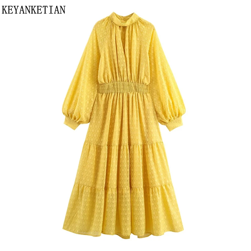 

KEYANKETIAN весеннее новое женское платье-фонарик с воротником-стойкой, плюшевая коллекция талии, темпераментное сращивание, большое свободное платье