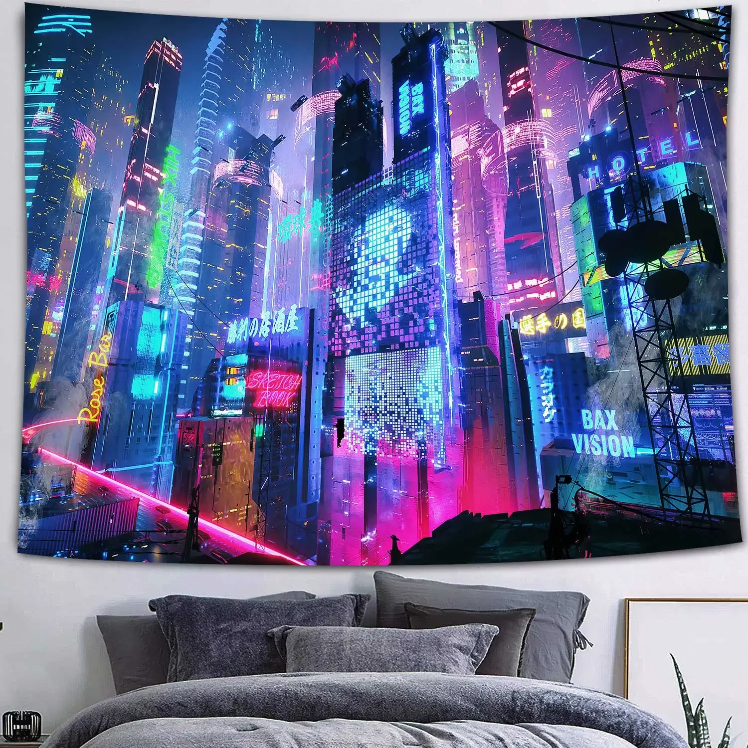 Cyber-Punk Tapestry Psychedelic Fantasy Future City Cyberspace Tapestry Neon 