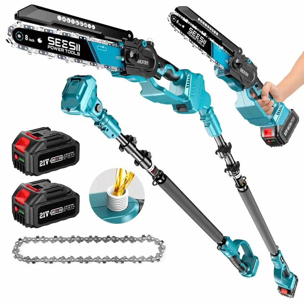Scie à chaîne électrique sans fil Seesii 8'' avec perche d'extension de 3 m, scie à perche électrique 2 en 1 pour l'élagage des arbres, coupe-branches, élagueuse