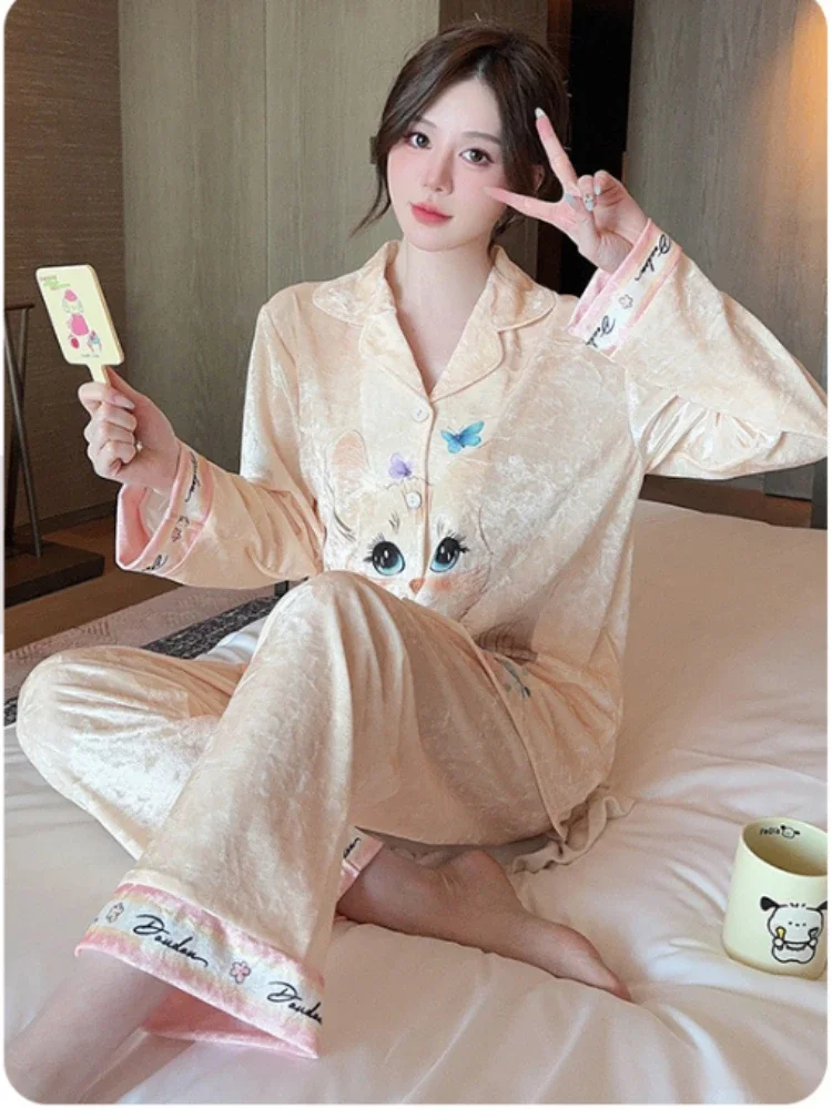 حجم كبير الحلو الكرتون القط منامة المرأة الشتاء الربيع الذهبي المخملية المتسكعون لينة الكورية المخملية الشعر السراويل ملابس المنزل