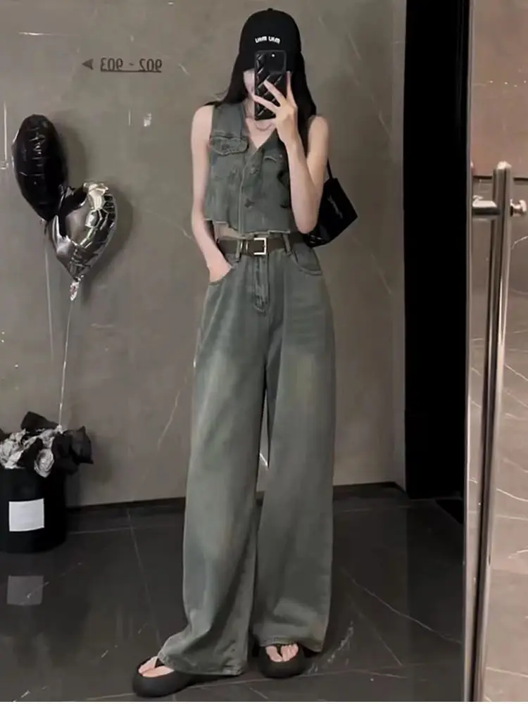 Fashion Korean Version Denim Summer Set with Retro Sleeveless Vest Vest Vest and High Waisted Wide Leg Pants Two-piece Set