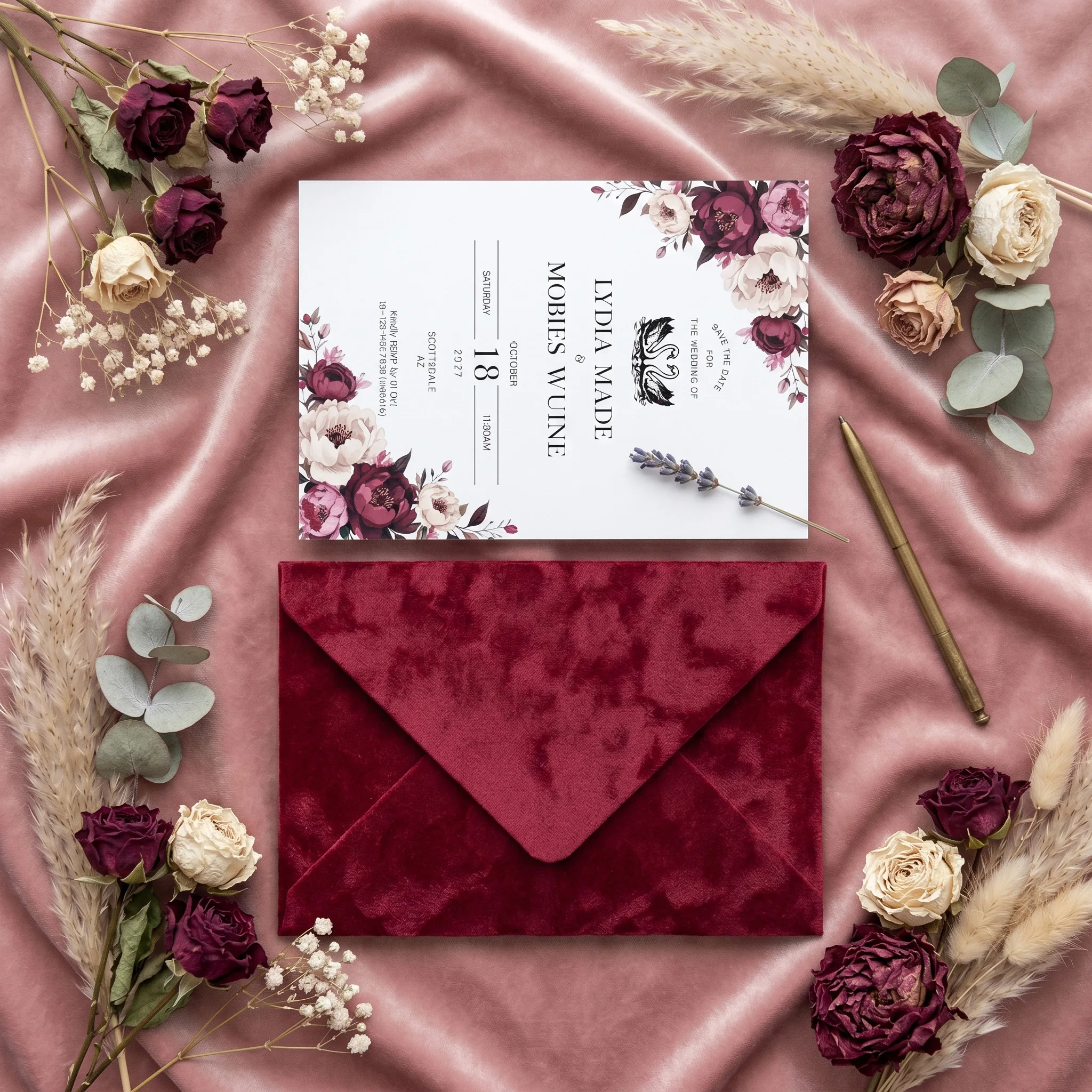 

High - end Luxury Personalized Wedding Invites with Burgundy Velvet Envelope Wax Seal - Custom Name & Date for Save The Date