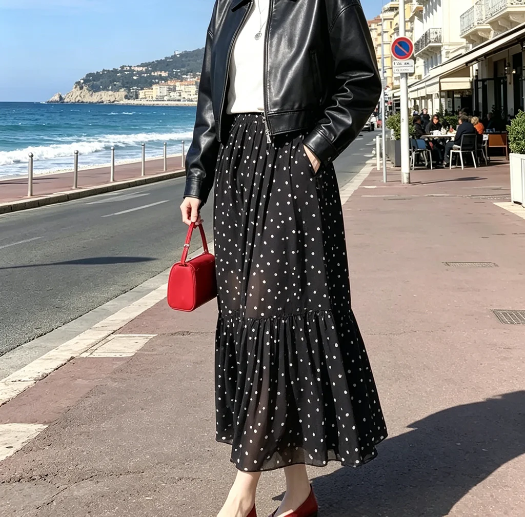 

French vintage polka dot chiffon long dress - feminine ruffled skirt hem - premium flowing A-line casual dress - suitable for of