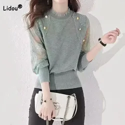 Autumn Winter Fashion Elegant Lace Spliced Long Sleeve Knitted Tops Women's Clothing All-match Commute Solid Color Sweaters