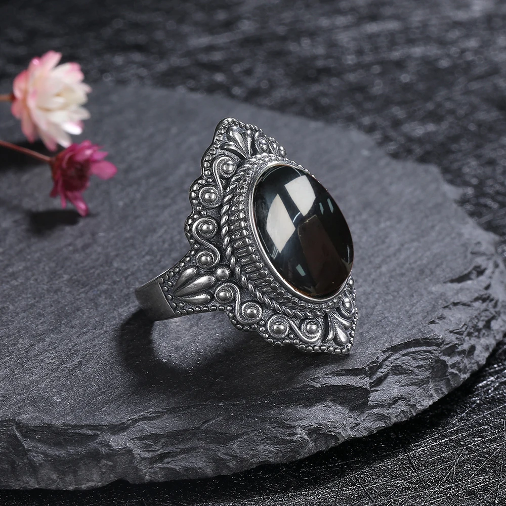 S925 Sterling SilverRing for Women Oval Round Natural Black Agate Ring Gift Sun Shaped Retro Luxury Fine Jewelry