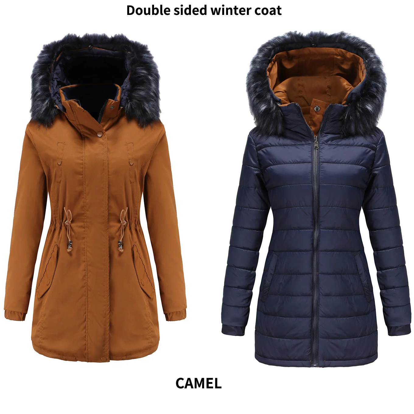 

Womens winter jacket Coat Woman Parka Coats Female Double Sided Warm Cotton Jacket Detachable Cap Zipper Thick Cotton Fur Collar