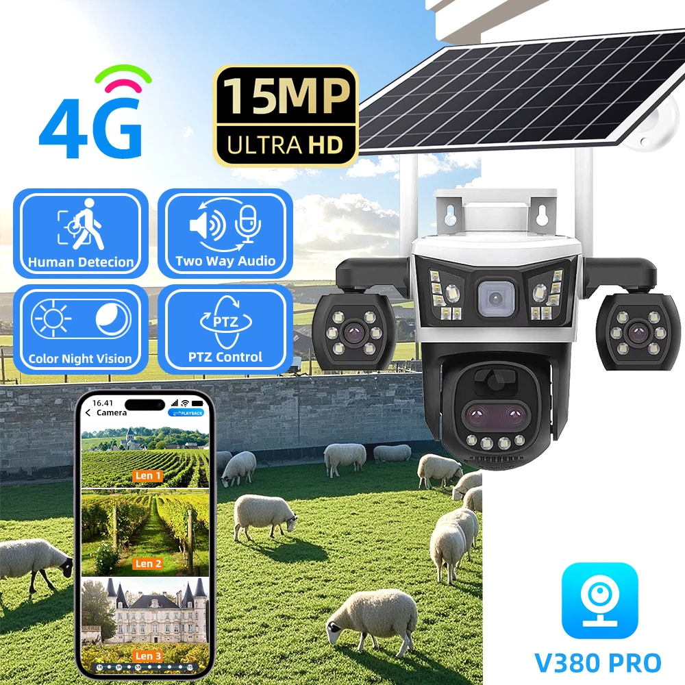 

V380 Pro Солнечная камера 3 объектива 4G Камеры безопасности Открытый умный дом Solaire Power PTZ IP 15MP Ночное видение CCTV Наблюдение