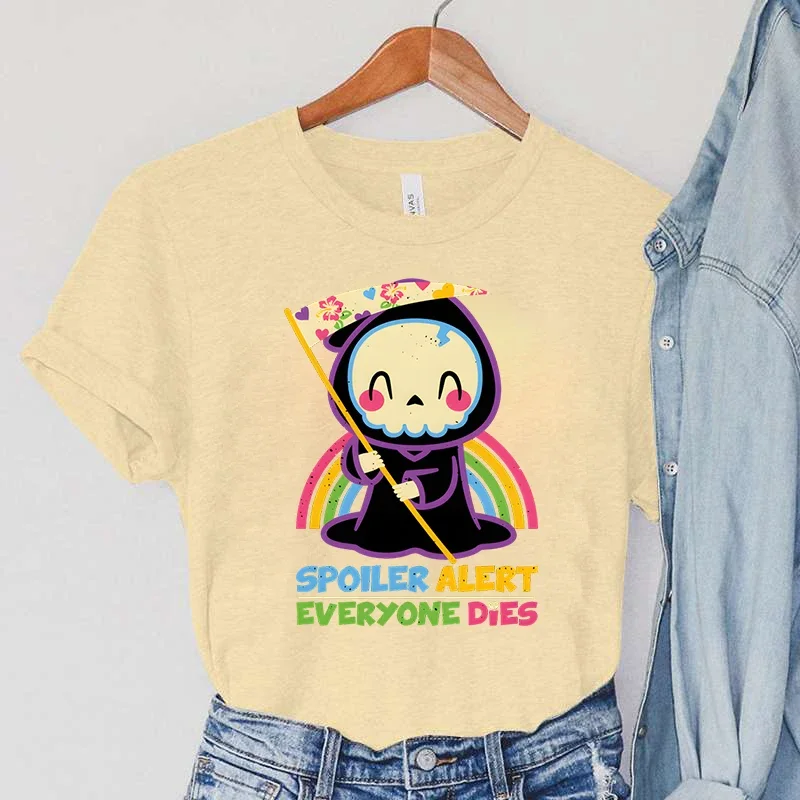 Skull T-shirts Women Cartoon Rainbow Tshirts SPOILER ALERT Everyone Dies Print Women\'s Clothing Vintage90s Sickle Women T-Shirts