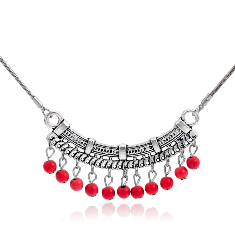 Vintage Red Turquoise Tassel Necklaces for Women Bohemian Ethnic Chokers Necklace Sweater Chain Tibet Nepal Ethnic Jewelry