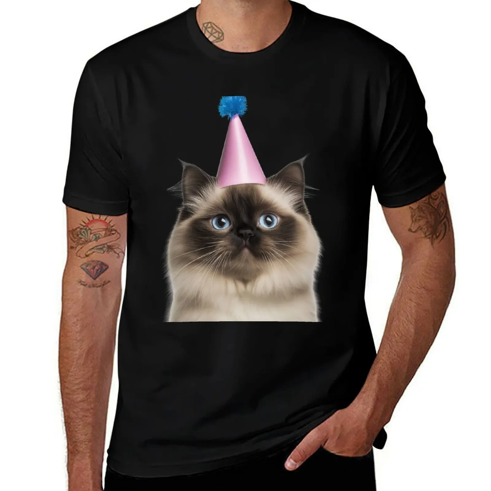 

Cute Himalayan Cat with Party Hat Birthday Celebration T-Shirt topping custom t-shirts graphics black t shirts for men