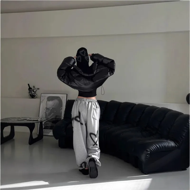 2025 All-match Wide Legs Sweatpants Woman Pants Printed Love Y2k Clothing Drawstring Elastic Waist Simple Style Sports Commuting
