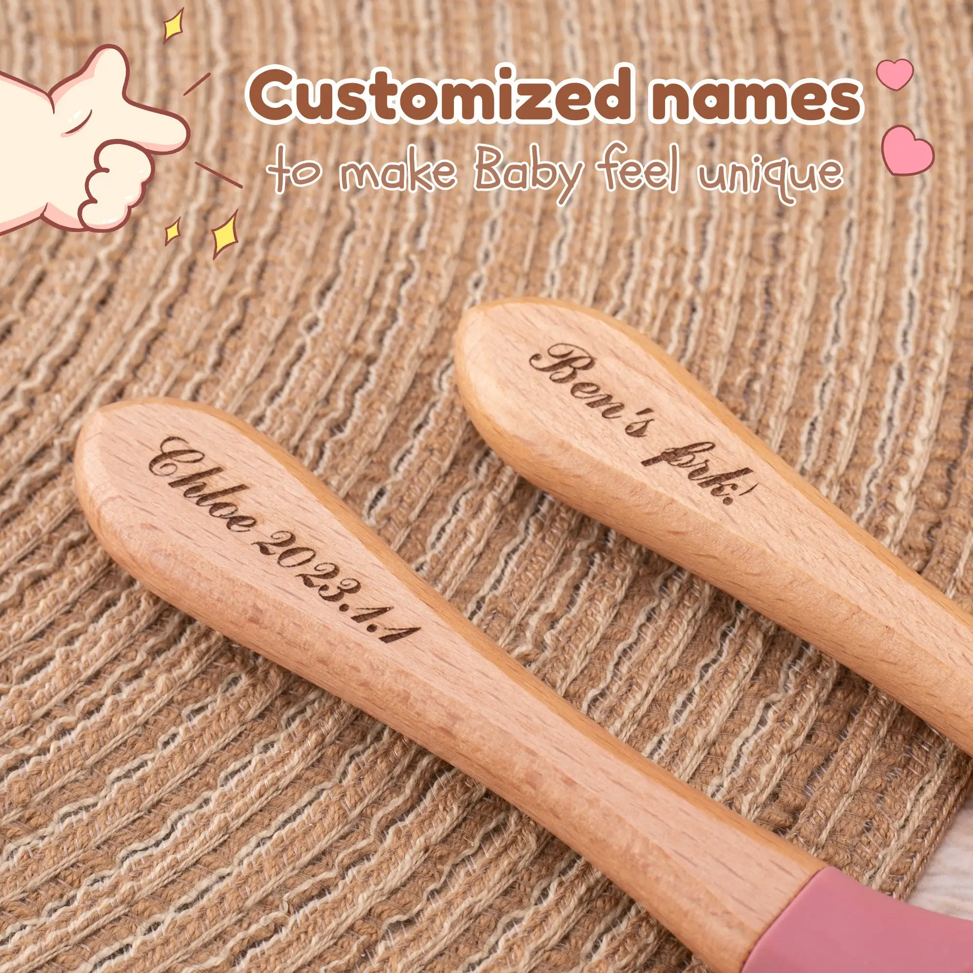 Personalised children\'s cutlery set Birth and Christmas gift Custom Wooden fork and spoon Newborn baby silicone meal set