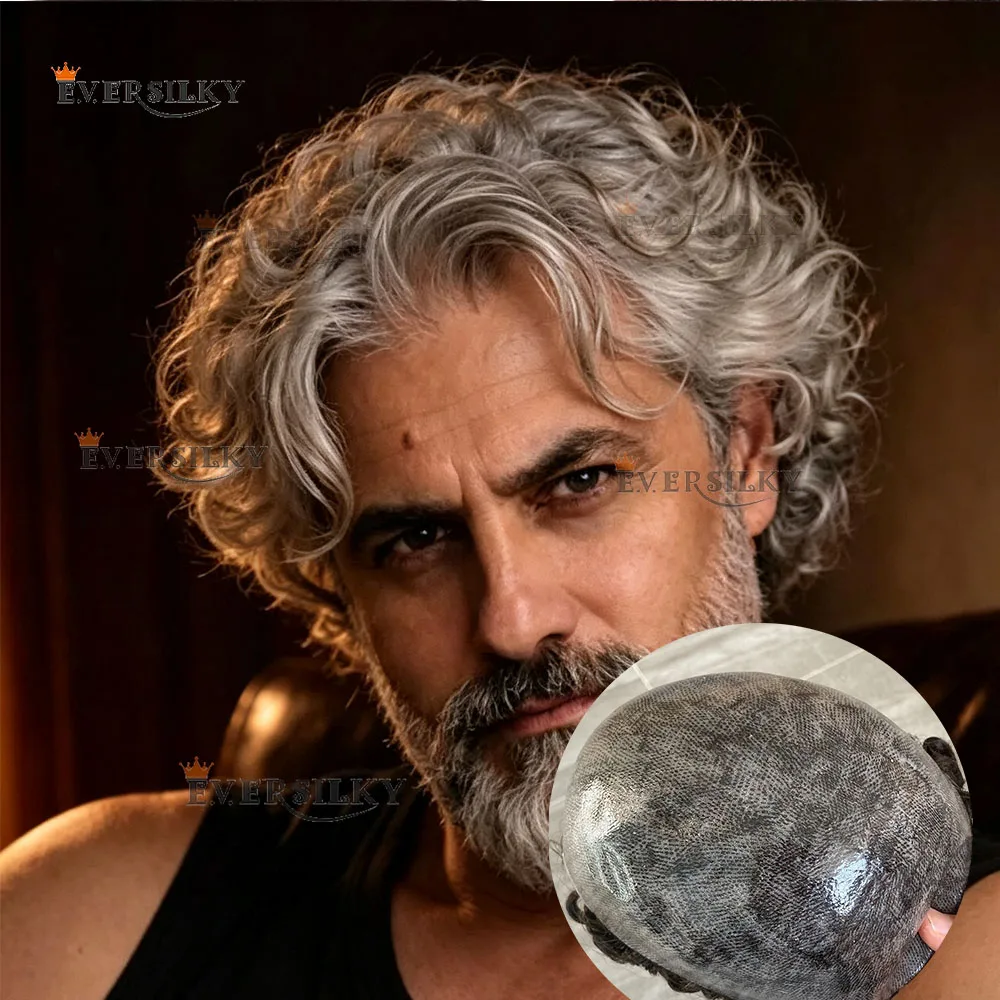 28MM Curly White Silver Grey 1B80 1B65 Men Wig Super Durable Full PU Male Toupee Human Hair #1b Black Capillary Prosthesi System