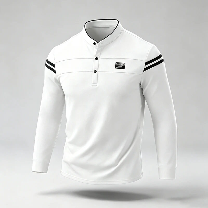Herren-Polohemd mit langen Ärmeln, im urbanen Stil, mit Stehkragen und Streifenmuster, ideal für den Stadtverkehr und als lässiges Outfit für den Alltag. – Detail 11