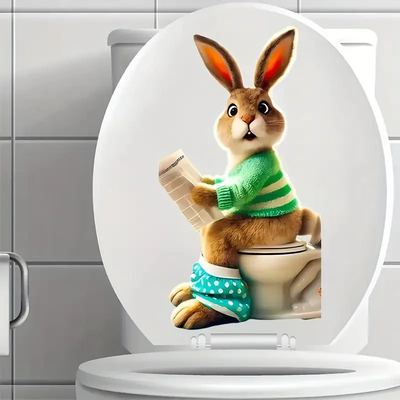 Rabbit Sitting on the Toilet Stickers, Funny Reusable Vinyl Decal For Toilet Lid, Car Decals, Art Wallpaper,